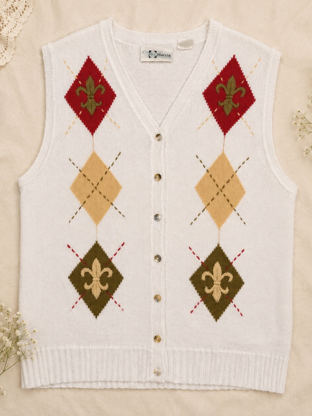 Marcia White Argyle Fleur-Embellished Knit Vest
